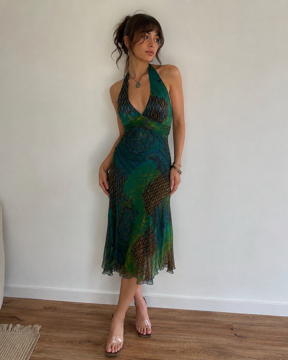 Vintage Cache Green Silk Patchwork Halter Midi Dress Y2K Fairycore 10